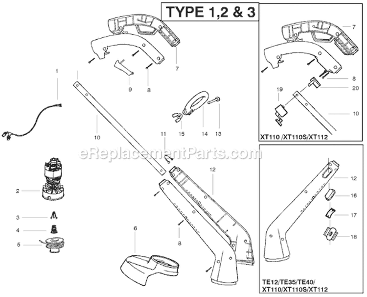 Page A Diagram and Parts List for XT112 Type 1 Weed Eater Trimmer